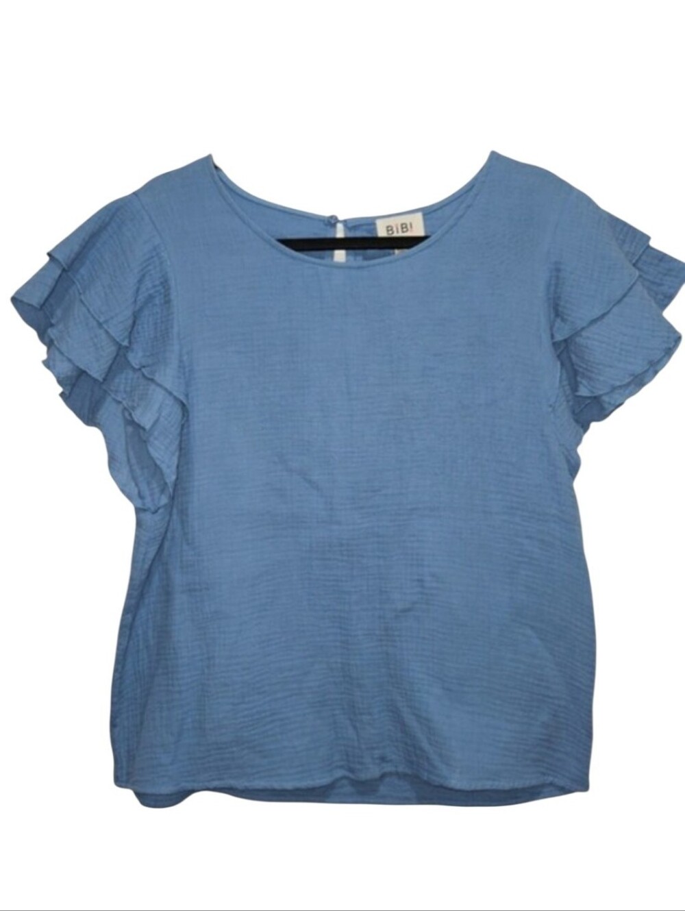 NWT BiBi Women Medium Blue Ruffle Sleeve Blouse Top Shirt 100% Cotton NEW